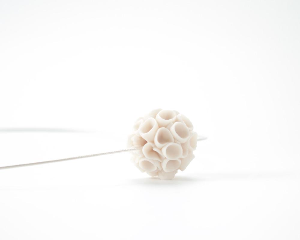 Ceramic Jewelry, Large Khao-Lak Sterling Silver Necklace With Porcelain Flowers, Ecru Color